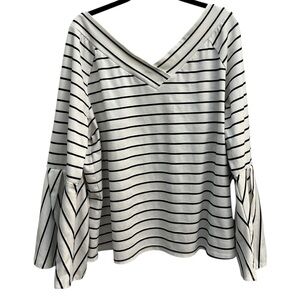 Gibson Latimer Bell Sleeve White and Black Stripe V Neck Blouse Top Size XL